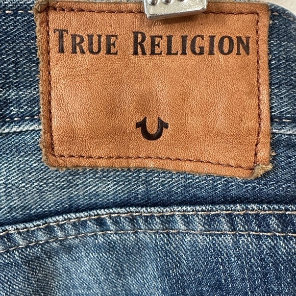 True Religion Cameron slim Boyfriend Blue Distressed Patch Jeans size 25 - Picture 5 of 8